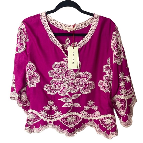 Solitaire Boho Floral Embroidered Pink Blouse Top 3/4 Sleeve SZ L  NWT - Picture 4 of 10